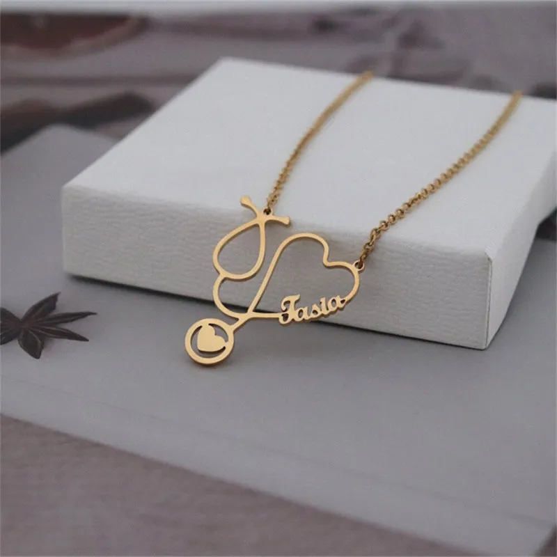 Heart Shape Stethoscope Personalized Name Pendant Necklaces