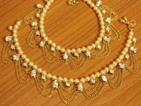 KUNDAN POLKI & PEARL SILVER ALLOY GOLD PLATED ANKLETS