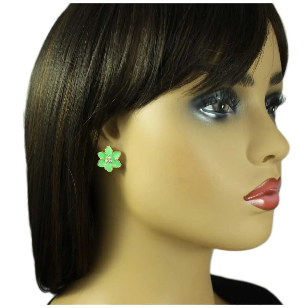 Lime Green Enamel with Crystals Flower Pierced Earring - REE909GN