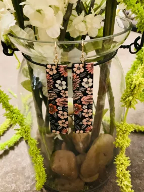 Long Floral Rectangular Wooden Earrings