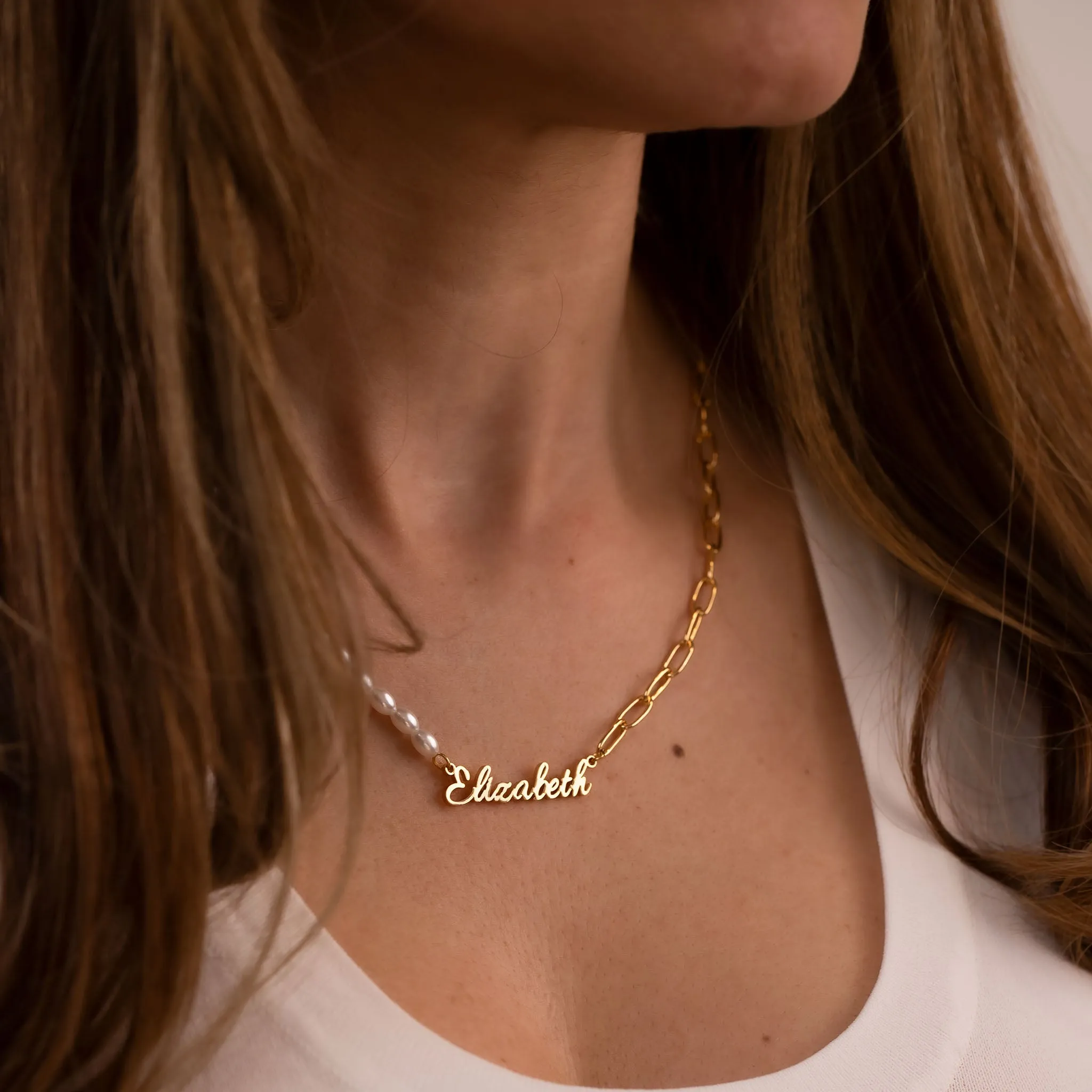 Pearl link name necklace rosé gold