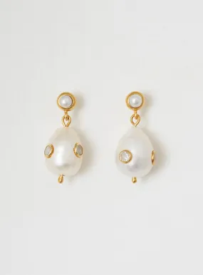 Pearl on pearl 14K Gold Plated Earring w. Zirconia & Pearl