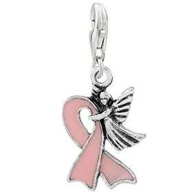 Pink Ribbon Beast Cancer Awareness with Angel Clip on Pendant Charm for Bracelet or Necklace