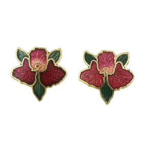 Red Orchid with Green Leaves Cloisonne Pierced Earring - CE113