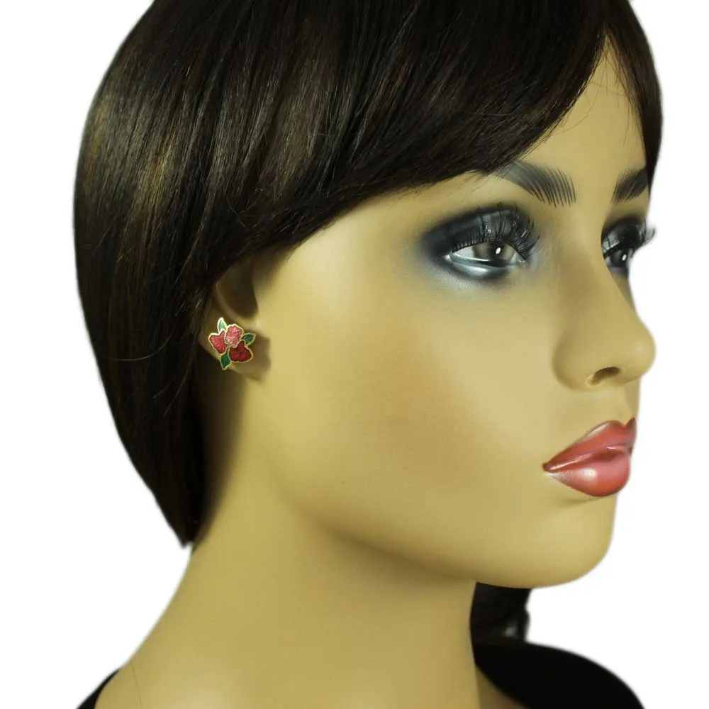 Red Orchid with Green Leaves Cloisonne Pierced Earring - CE113