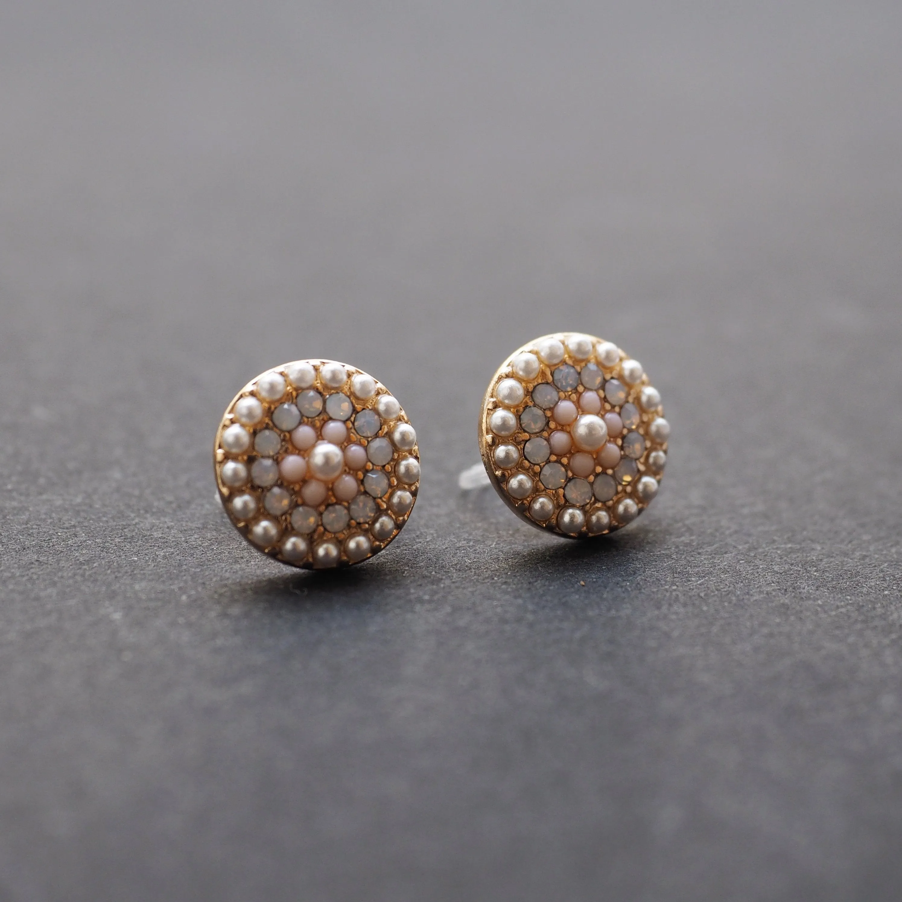 Round Beaded Pearl and Pink Rhinestone Crystal Invisible Clip On Stud Earrings