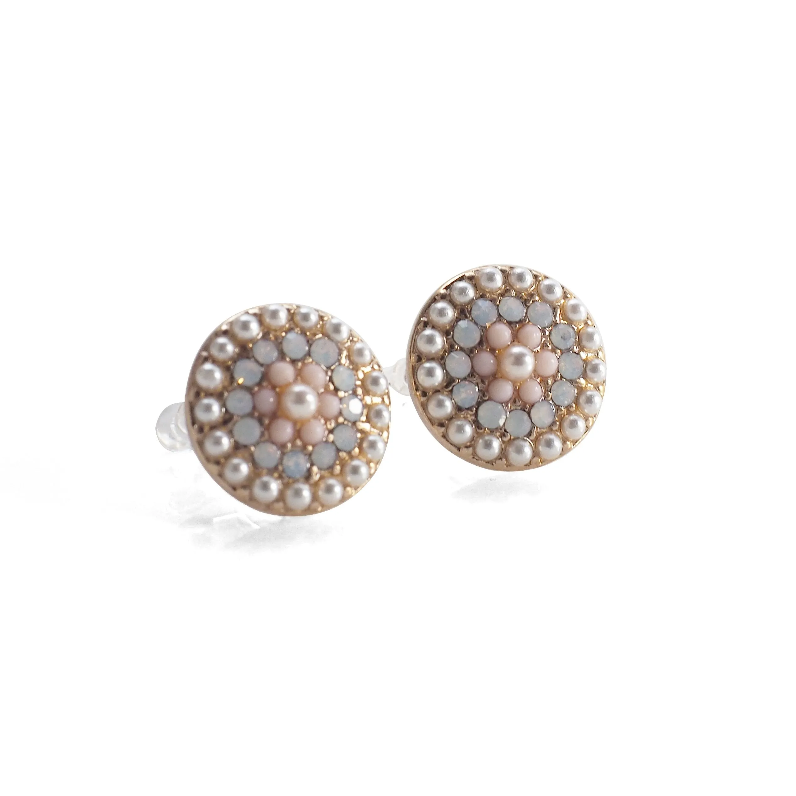Round Beaded Pearl and Pink Rhinestone Crystal Invisible Clip On Stud Earrings