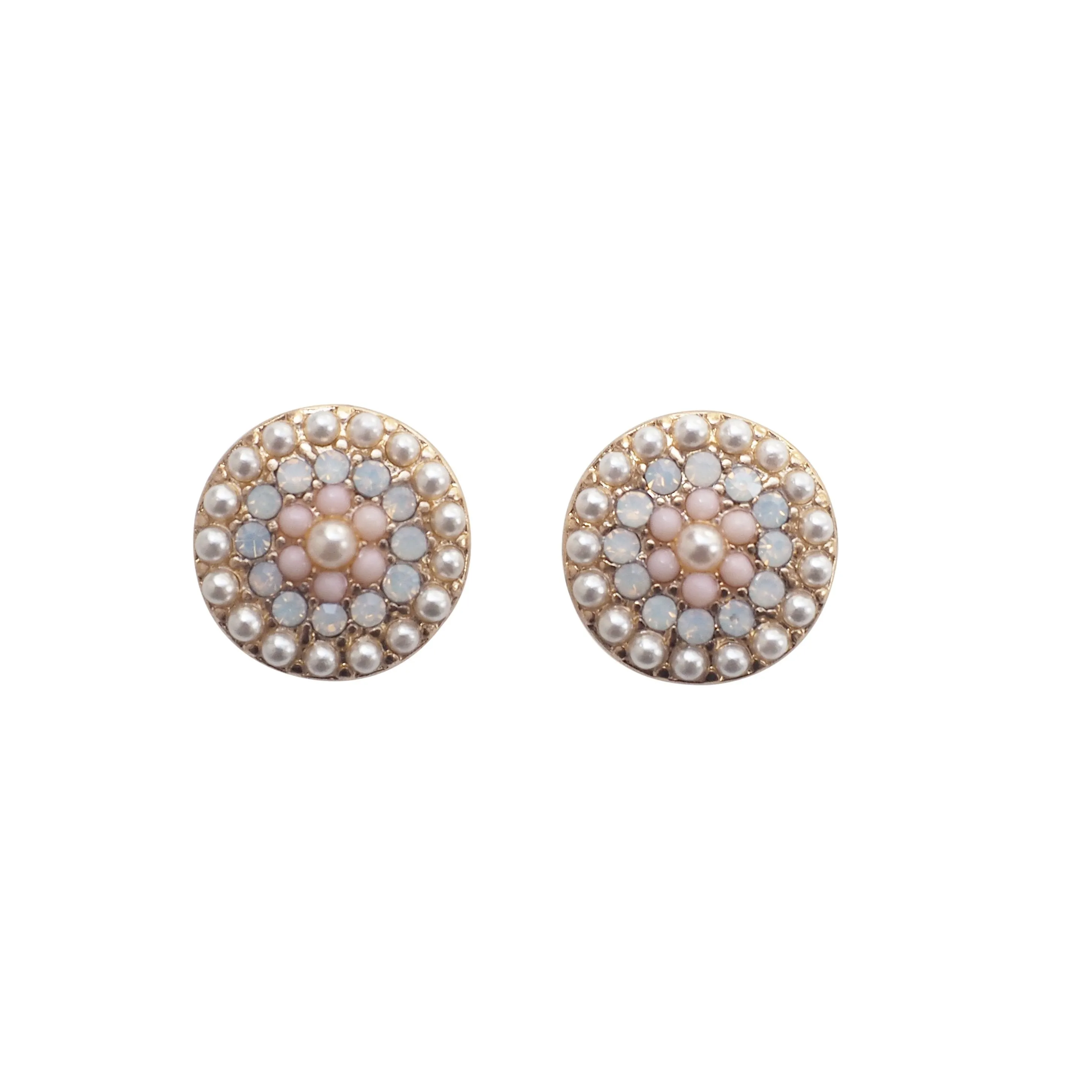 Round Beaded Pearl and Pink Rhinestone Crystal Invisible Clip On Stud Earrings