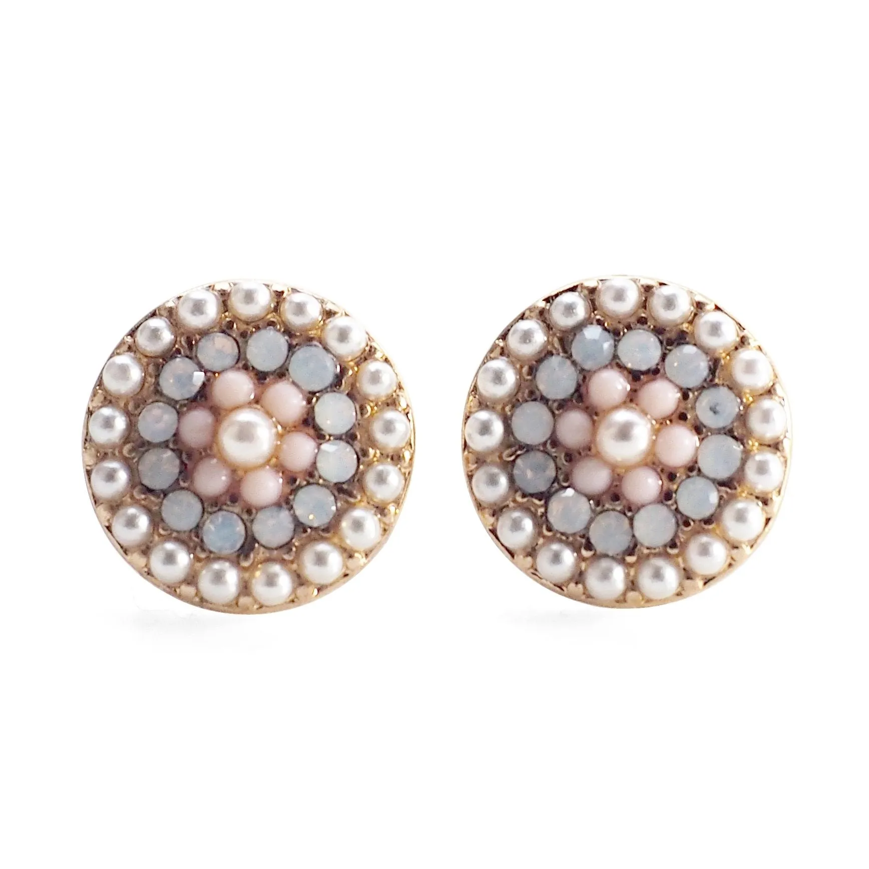 Round Beaded Pearl and Pink Rhinestone Crystal Invisible Clip On Stud Earrings