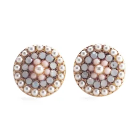 Round Beaded Pearl and Pink Rhinestone Crystal Invisible Clip On Stud Earrings
