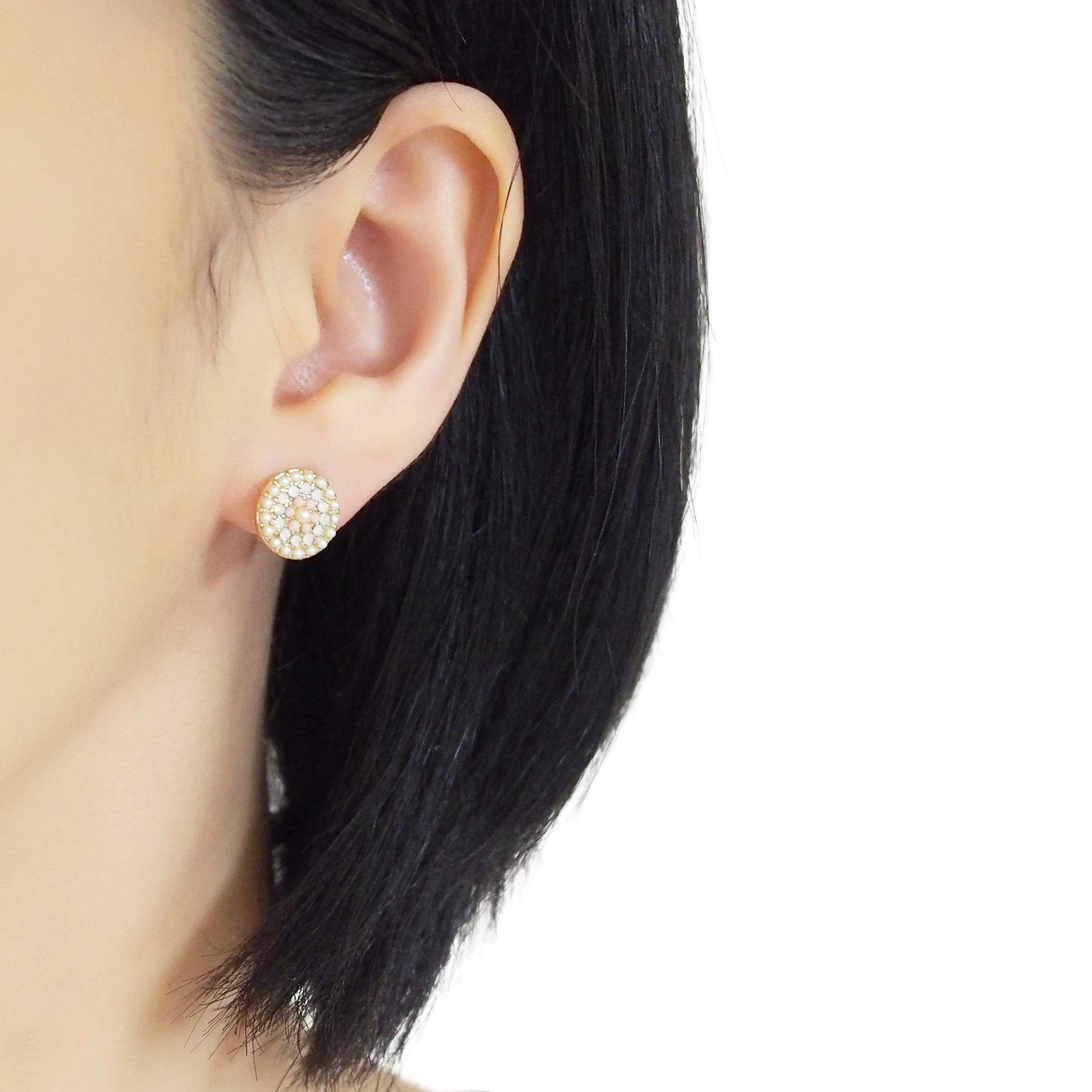 Round Beaded Pearl and Pink Rhinestone Crystal Invisible Clip On Stud Earrings