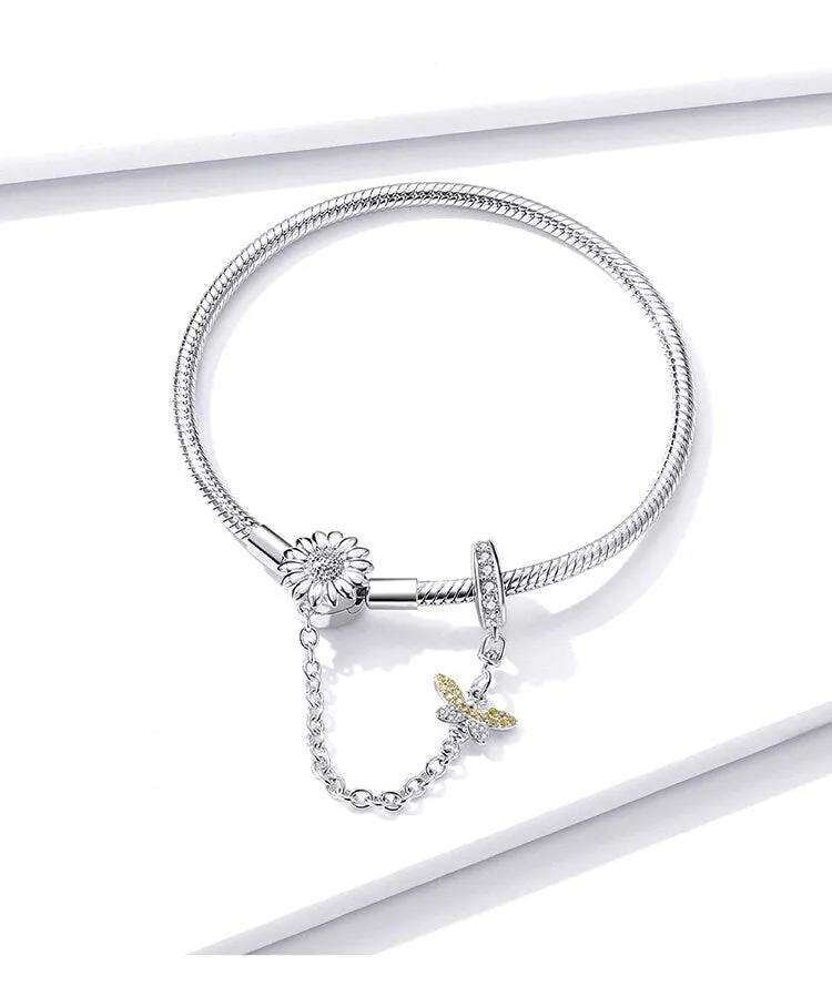S925 Silver Sun flower & Bee Snake Chain Bracelet