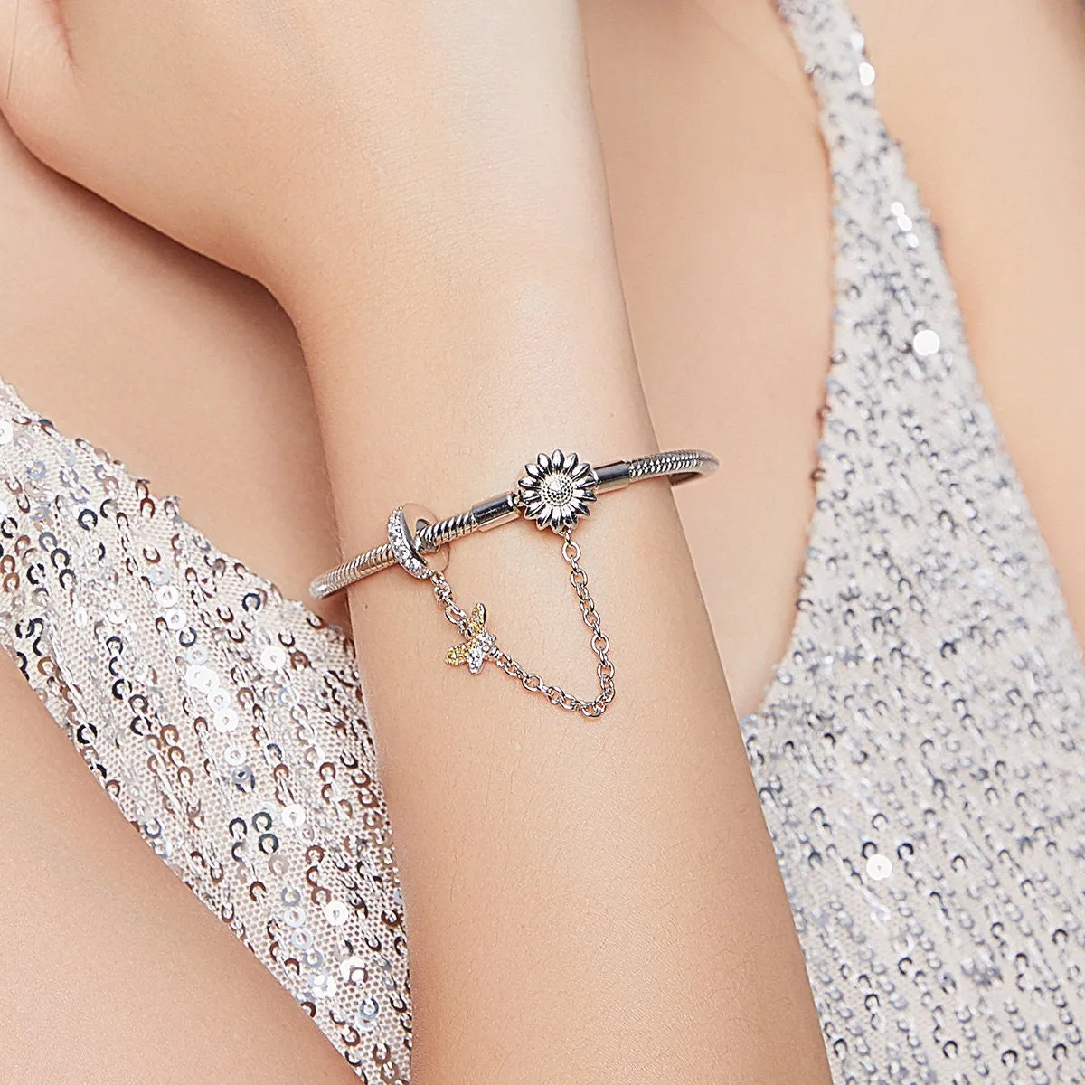 S925 Silver Sun flower & Bee Snake Chain Bracelet
