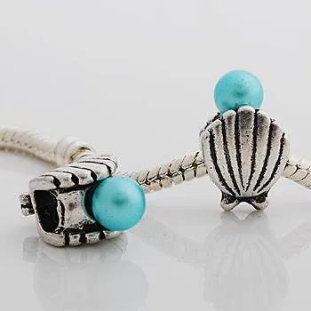 Sea Shell with Blue  Pearl Charm Spacer Beads for Snake Chain Charm Bracelet