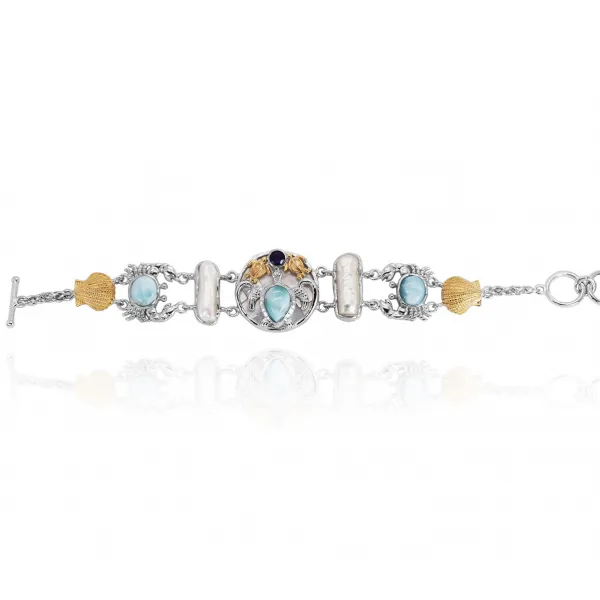 Sea Turtles and Crab Bracelet with Larimar, Amethyst, Mother of Pearl and Fresh Water Pearls - Only One Piece Created