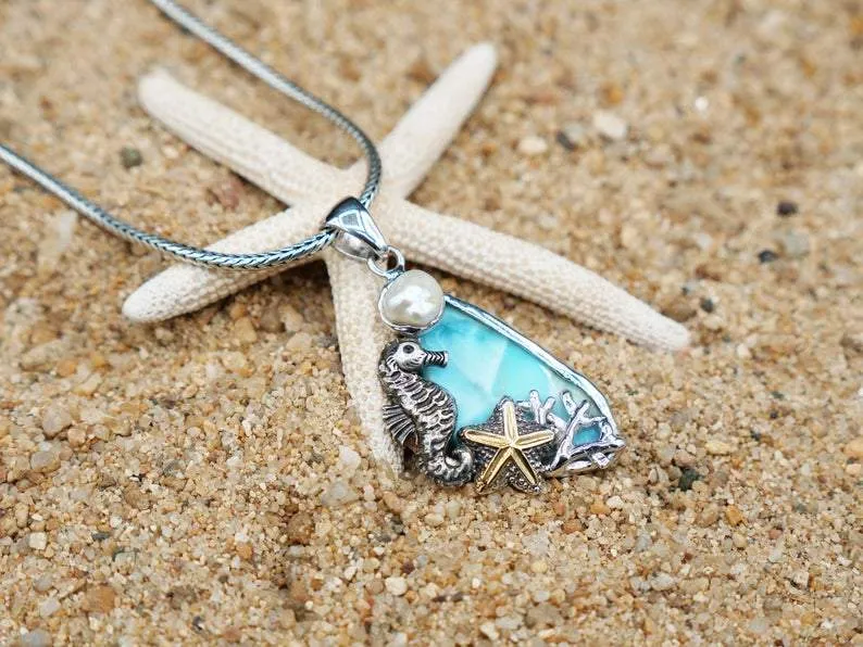 Seahorse and Starfish Beach Pendant with Larimar and Pearl - Only One Piece Created