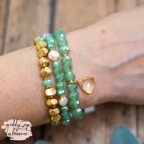 Set of Three Bracelets in Gold and Mint with Clear Crystal Charm