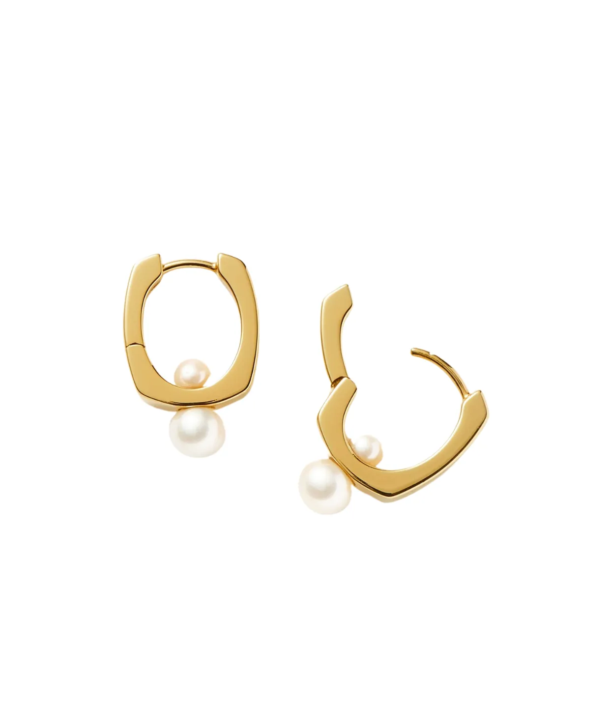 Square Button Pearl Small Hoop Earrings in Gold