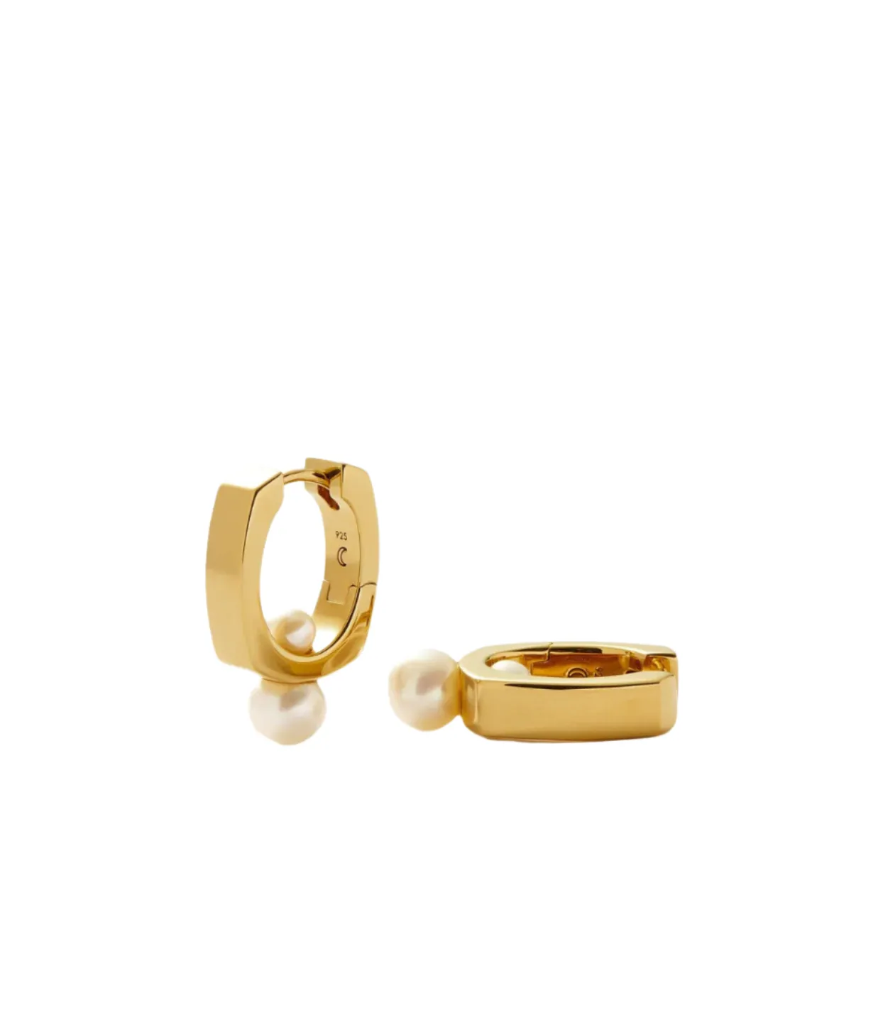 Square Button Pearl Small Hoop Earrings in Gold