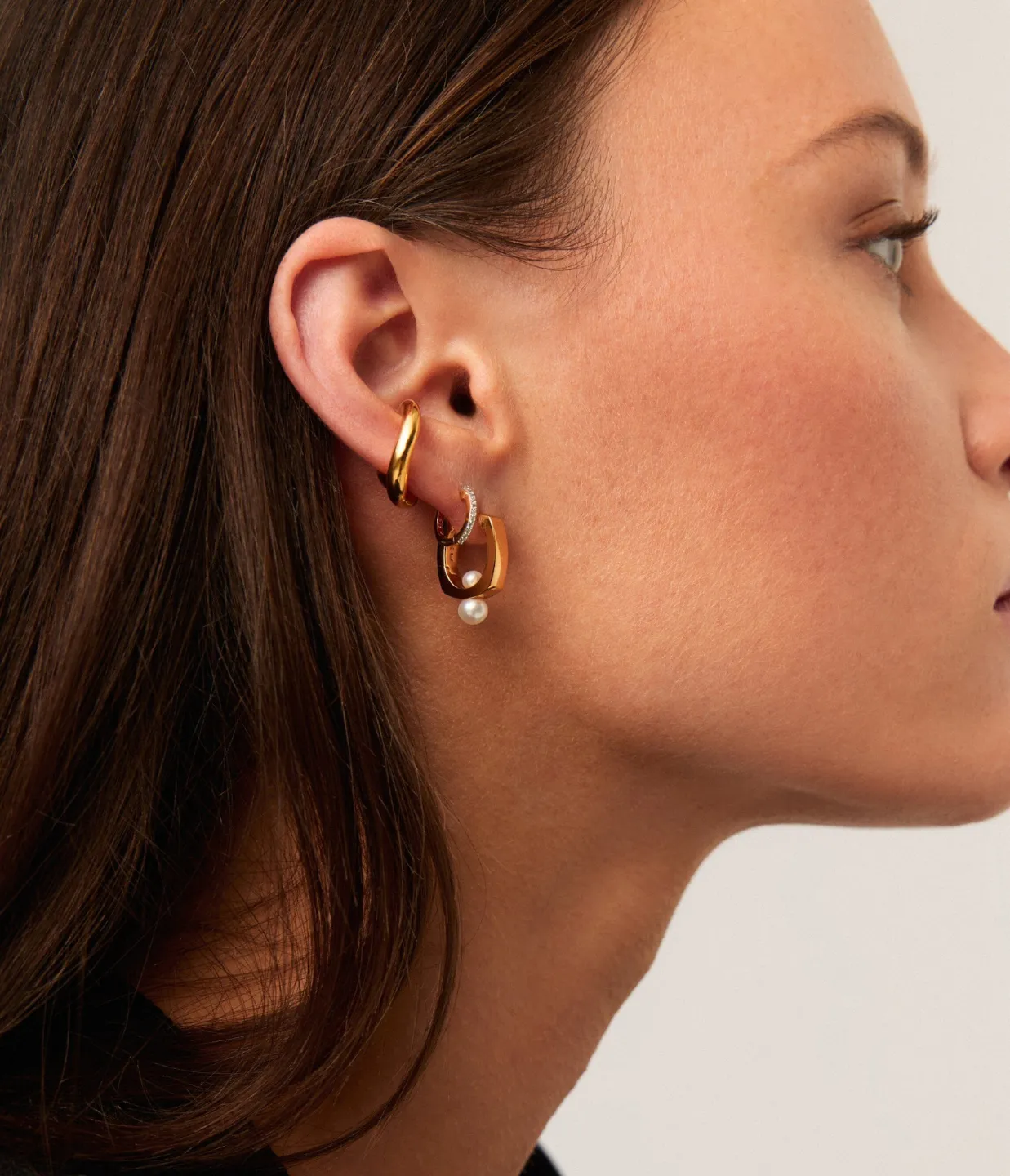 Square Button Pearl Small Hoop Earrings in Gold