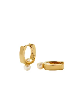 Square Button Pearl Small Hoop Earrings in Gold
