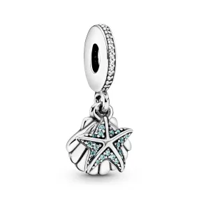 Starfish and shell silver dangle with frosty mint cubic zirconia and clear cubic zirconia