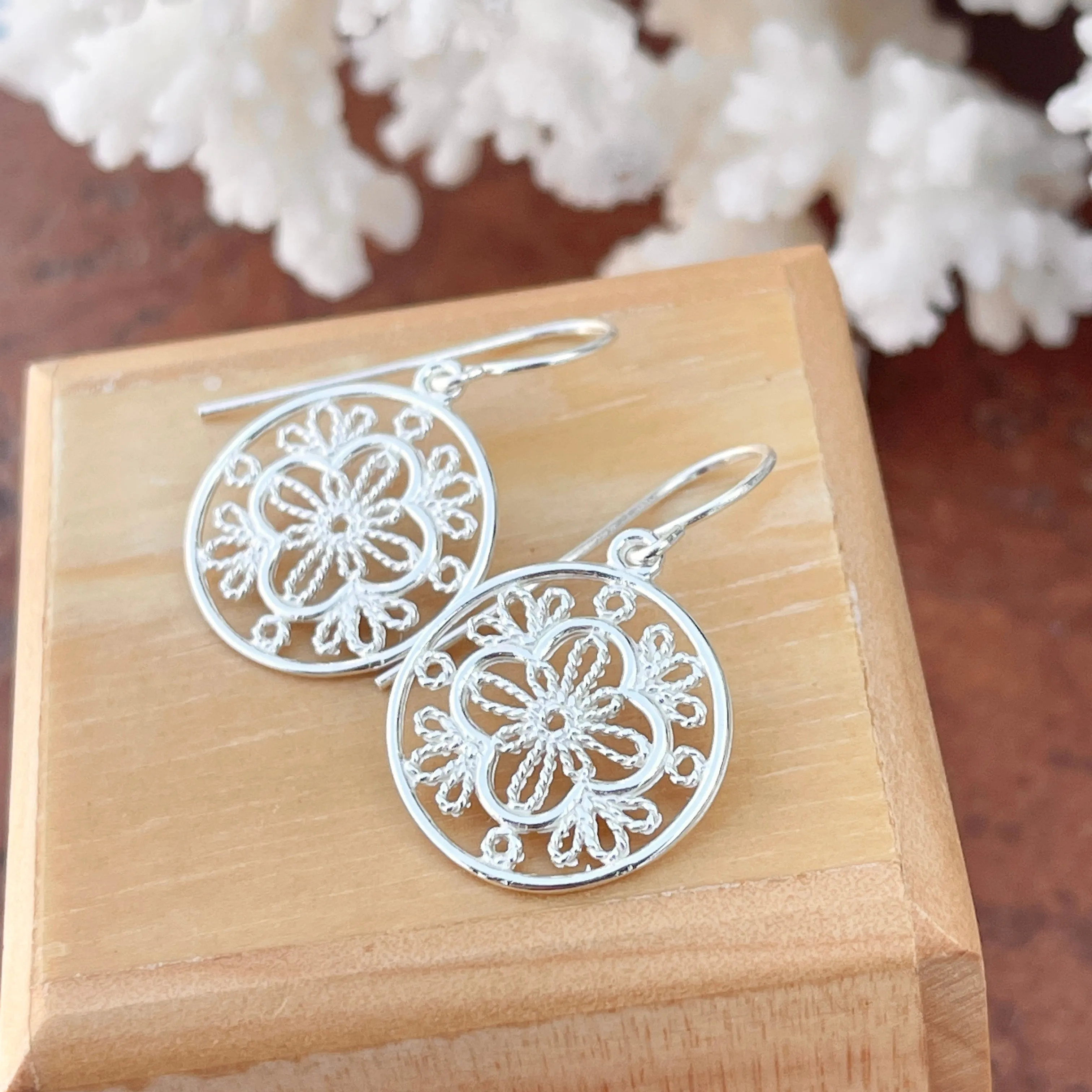Sterling Silver Filigree Floral Shepherd Hook Earrings