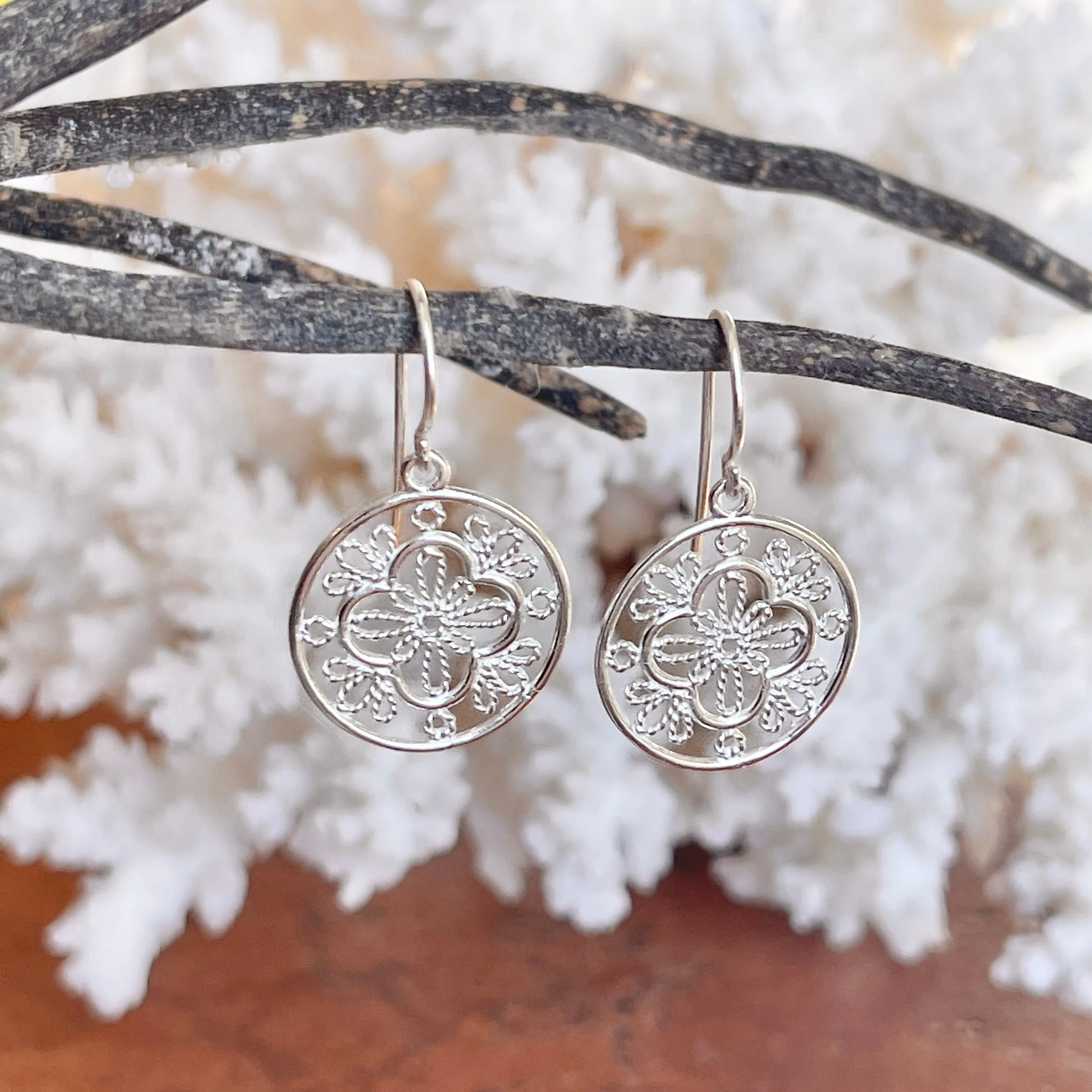 Sterling Silver Filigree Floral Shepherd Hook Earrings