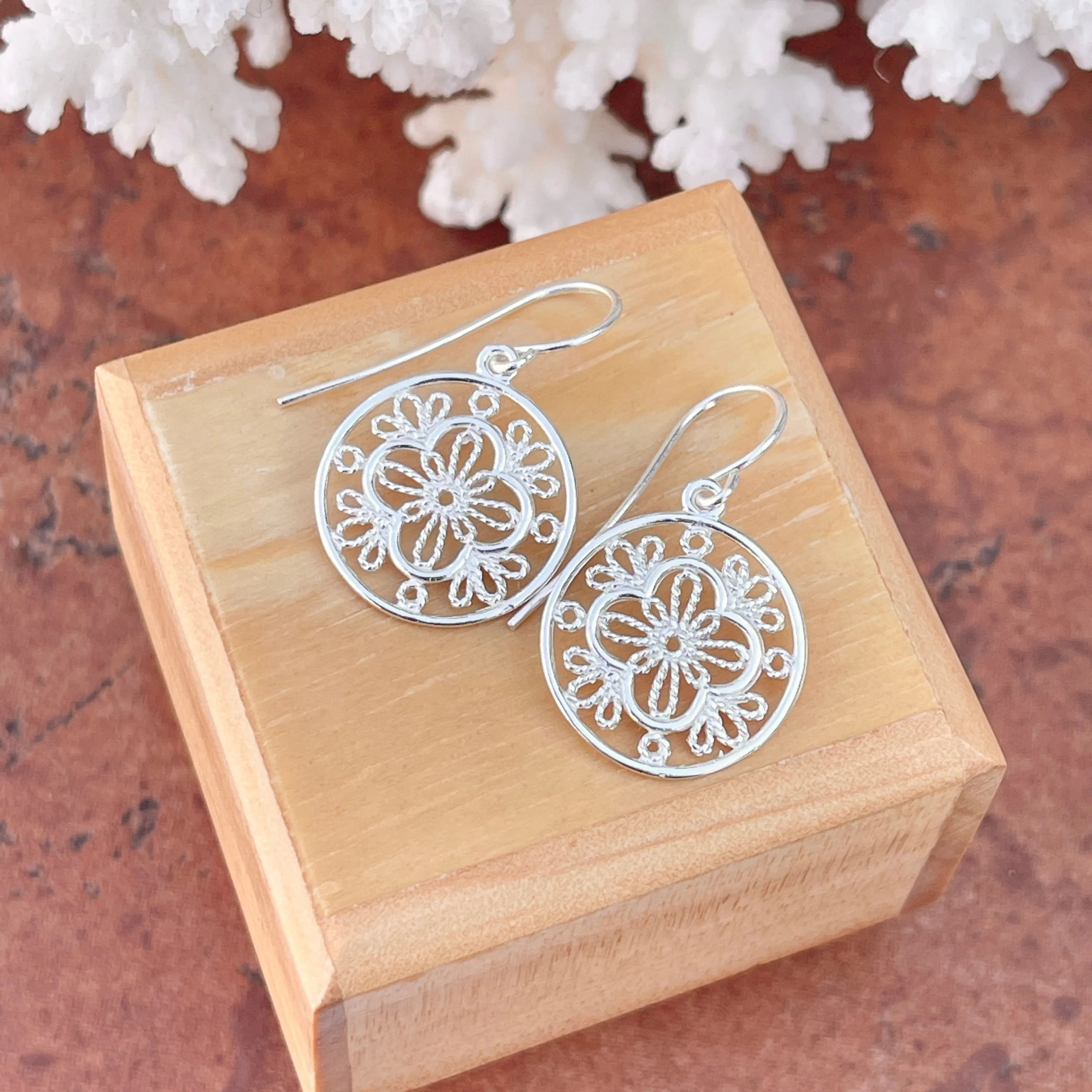Sterling Silver Filigree Floral Shepherd Hook Earrings