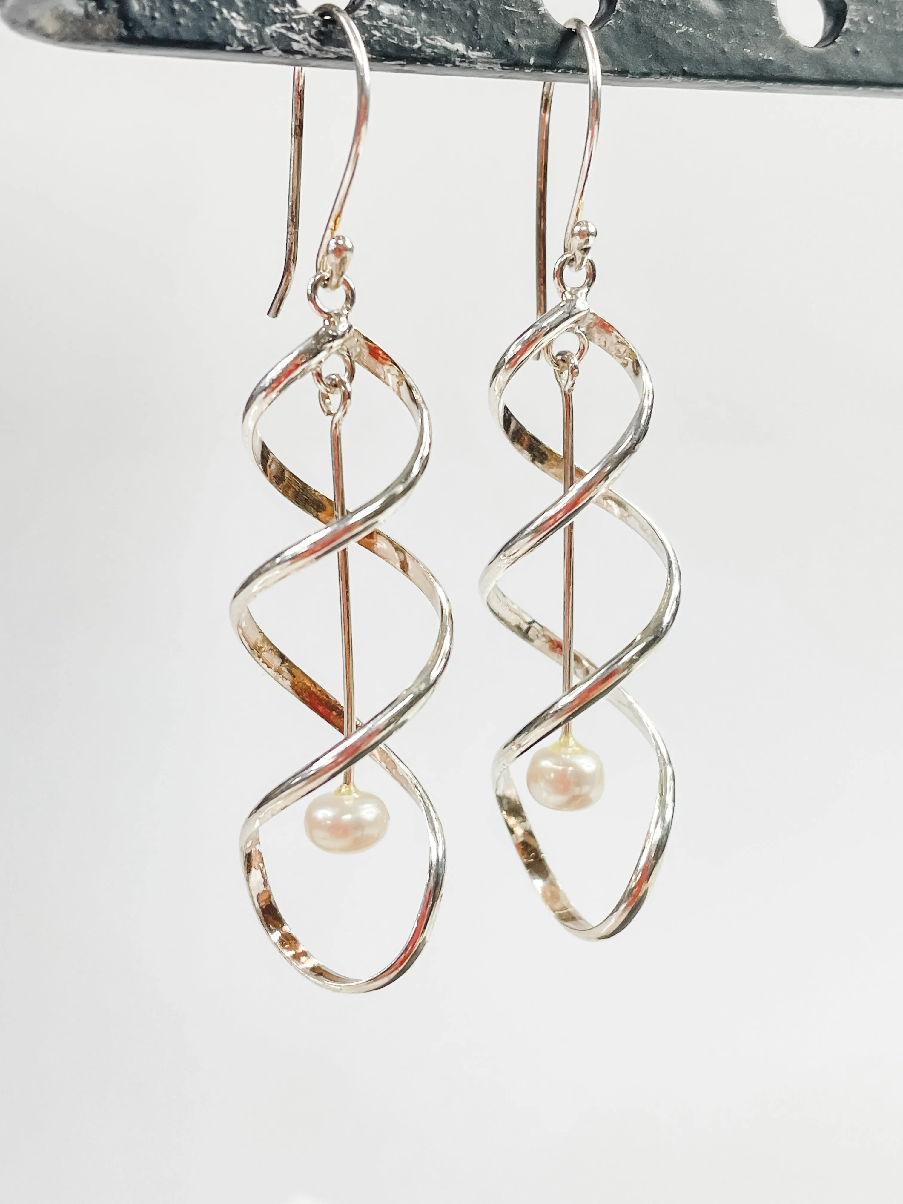 Sterling Silver Swirl Dangle Earring With Small Pearl