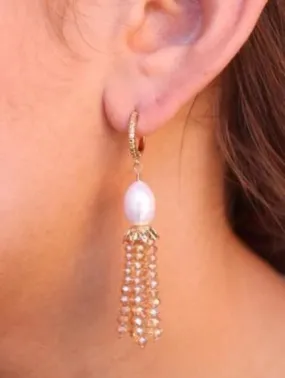 Textured Hoop with Pearl/Glass Bead Tassel Earrings