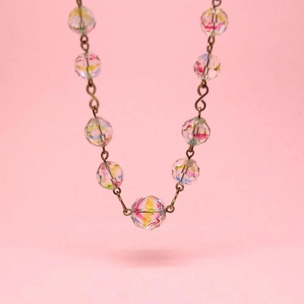 Vintage 1930's Rolled Gold Rainbow Beaded Necklace