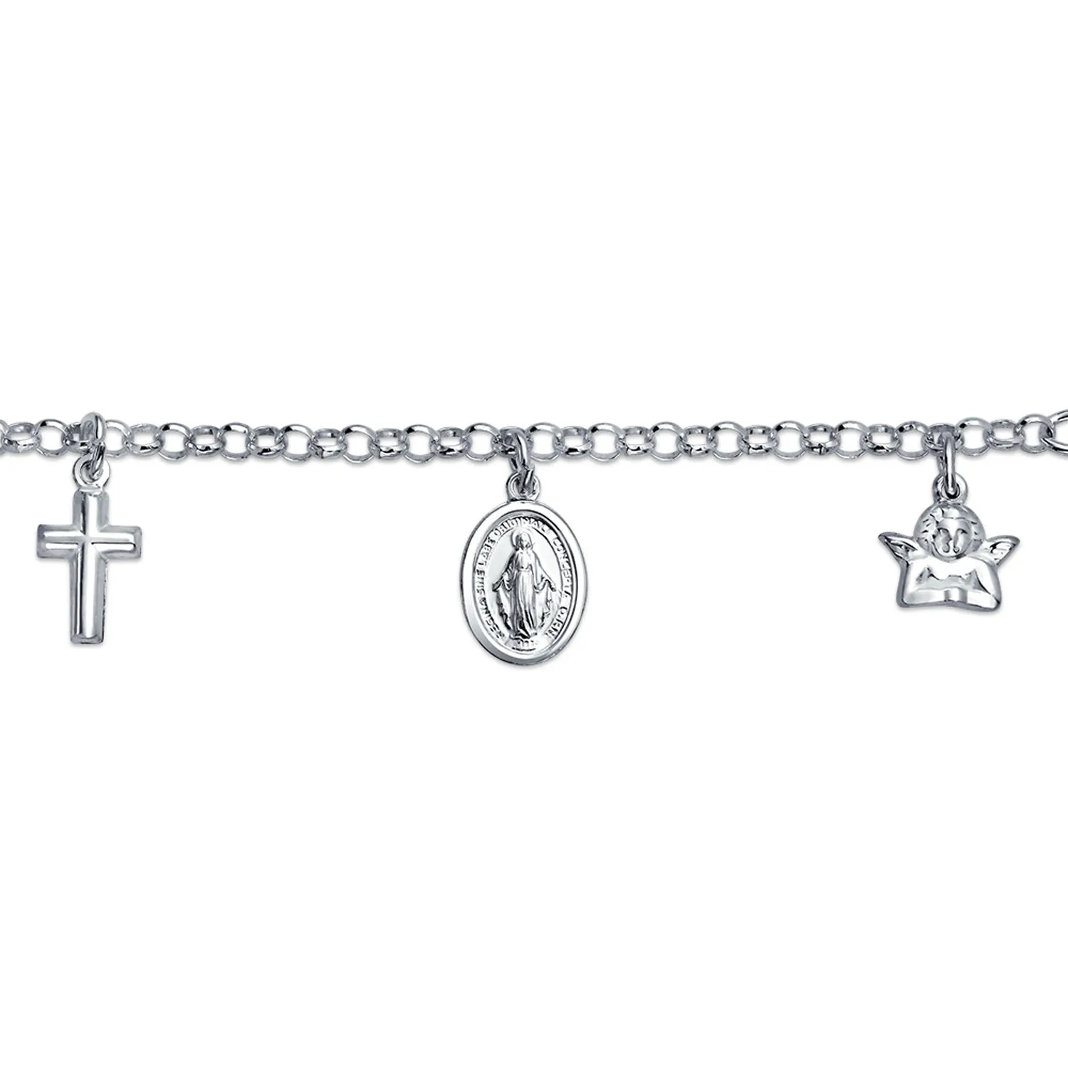 Virgin Mary Cross Dangle Religious Charm Bracelet .925 Sterling Silver