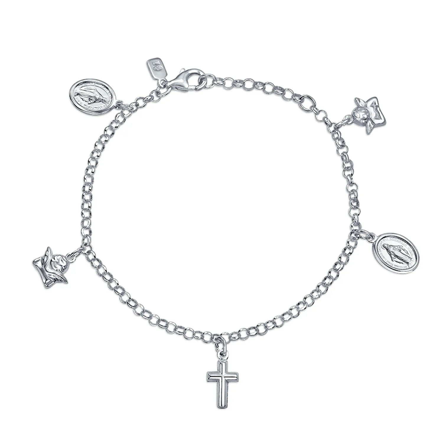 Virgin Mary Cross Dangle Religious Charm Bracelet .925 Sterling Silver