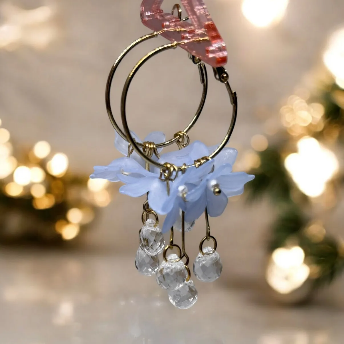 Whimsical - blue Daisy flower petal earrings |Kawaii cute fun hoop earrings | korean art colourful dangle earrings | white flower with crystal clear beads