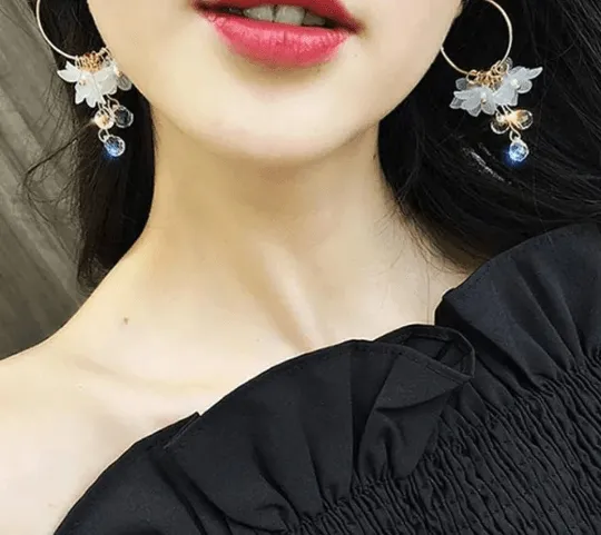 Whimsical - blue Daisy flower petal earrings |Kawaii cute fun hoop earrings | korean art colourful dangle earrings | white flower with crystal clear beads
