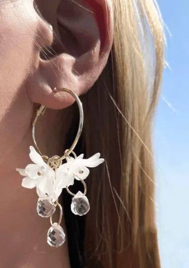 Whimsical - blue Daisy flower petal earrings |Kawaii cute fun hoop earrings | korean art colourful dangle earrings | white flower with crystal clear beads