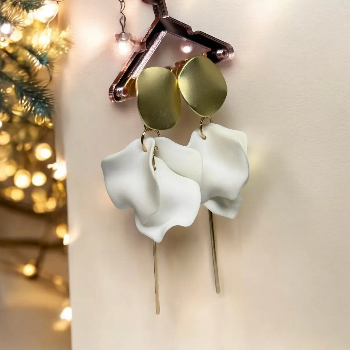 White - flower earrings |dangly earrings | frosted petals hoop statement earrings | golden disc geometric floral earrings | bridal