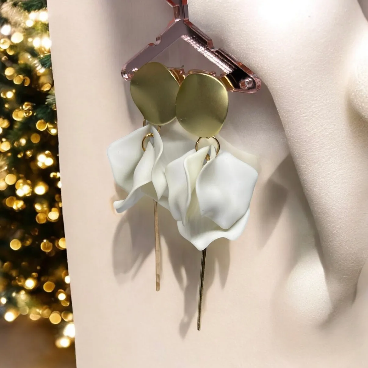 White - flower earrings |dangly earrings | frosted petals hoop statement earrings | golden disc geometric floral earrings | bridal